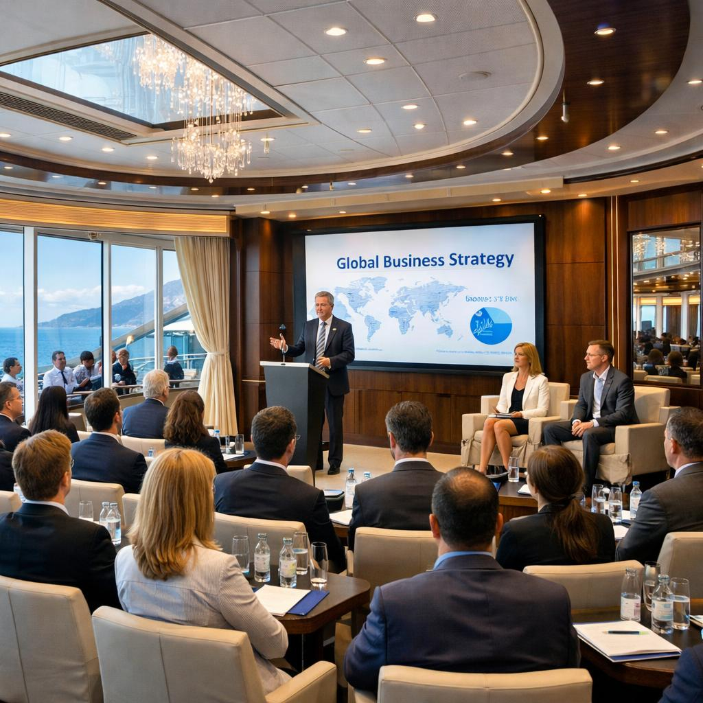 Business Conference A corporate meeting in an elegant conference room with a presentation on global business strategy, featuring a speaker at a podium with a world map display and an audience of business professionals.