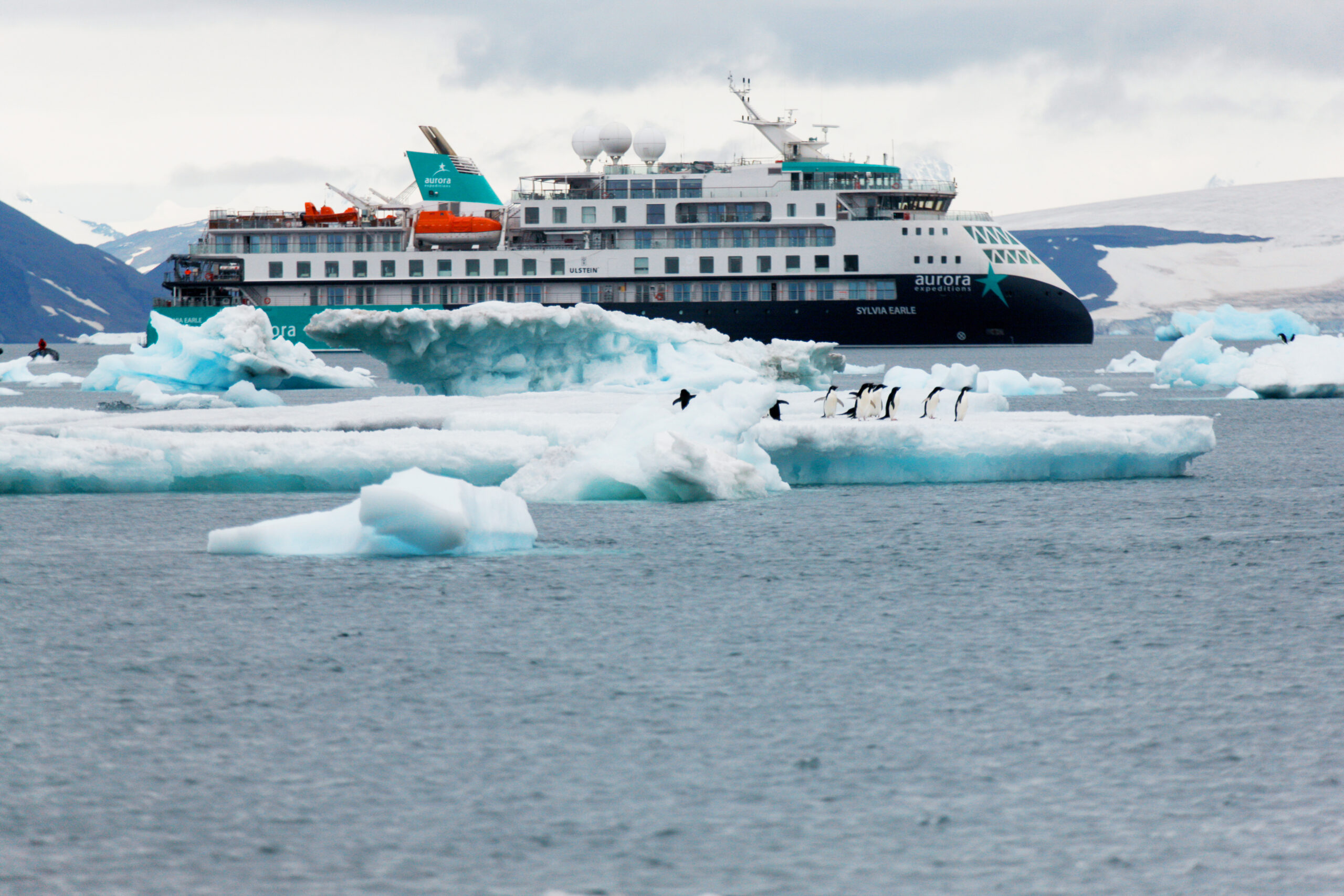 Aurora Expedition Cruise in Antarctic Waters An Aurora Expeditions cruise ship navigating through icy waters with blue-white icebergs and