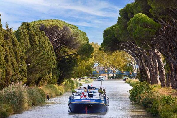 Barge on European Canal Through Tree Tunnel A blue and red commercial barge navigates through a scenic European canal lined with tall
