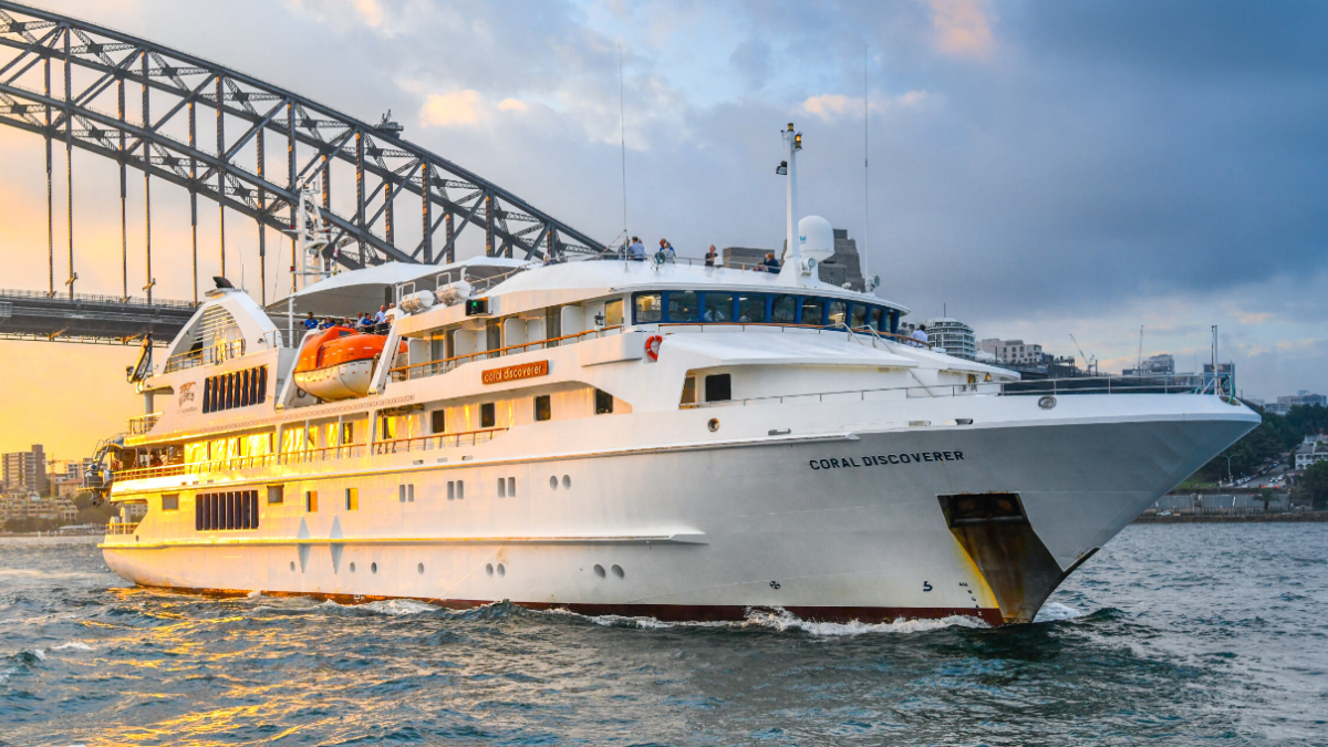 Coral Discoverer in Sydney Harbour Coral Discoverer expedition ship in Sydney Harbour with Harbour Bridge in background