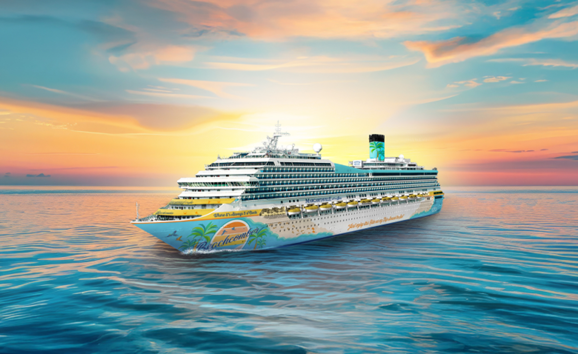 Margaritaville at Sea cruise ship sailing at golden hour sunset with tropical-themed hull artwork