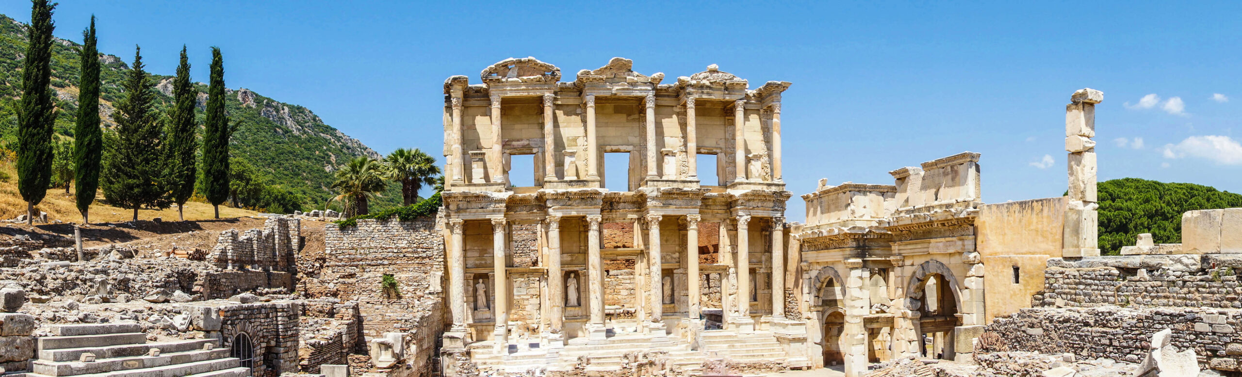 The magnificent Library of Celsus in Ephesus, Turkey, a well-preserved ancient Roman architectural