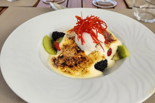 Fine Dining Dessert Presentation with Fresh Fruits An elegantly plated fine dining dessert featuring a creamy custard or mousse base topped with fresh