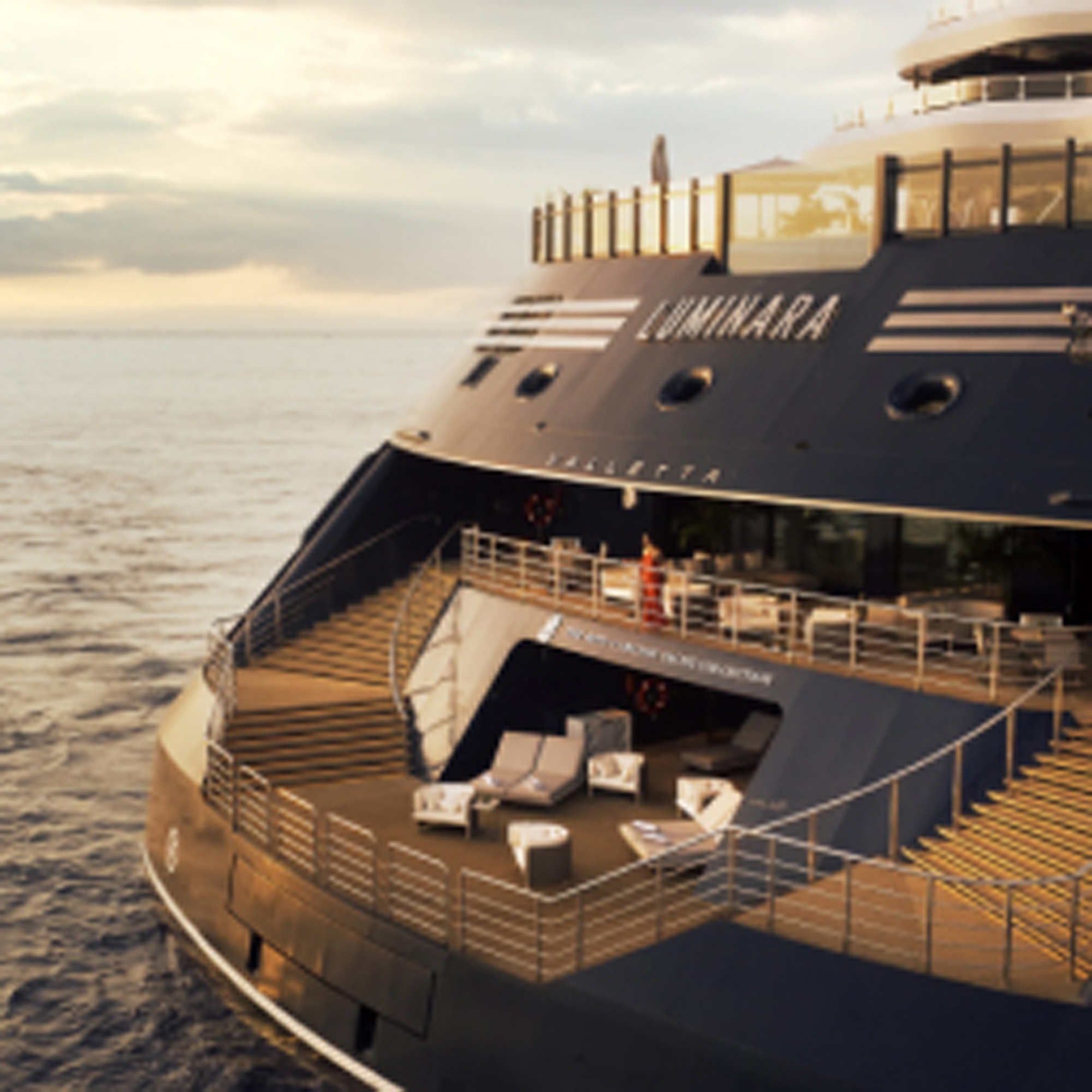 Luminara Luxury Yacht at Sea Ritz-Carlton yacht marina terrace with tiered deck spaces overlooking calm ocean waters