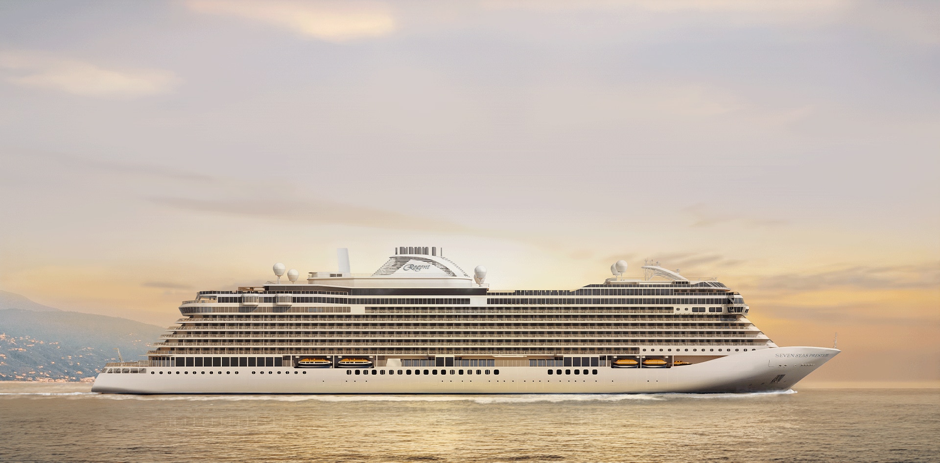 Luxury Cruise Ship at Sunset Regent Seven Seas luxury cruise ship at sunset with mountains in the background