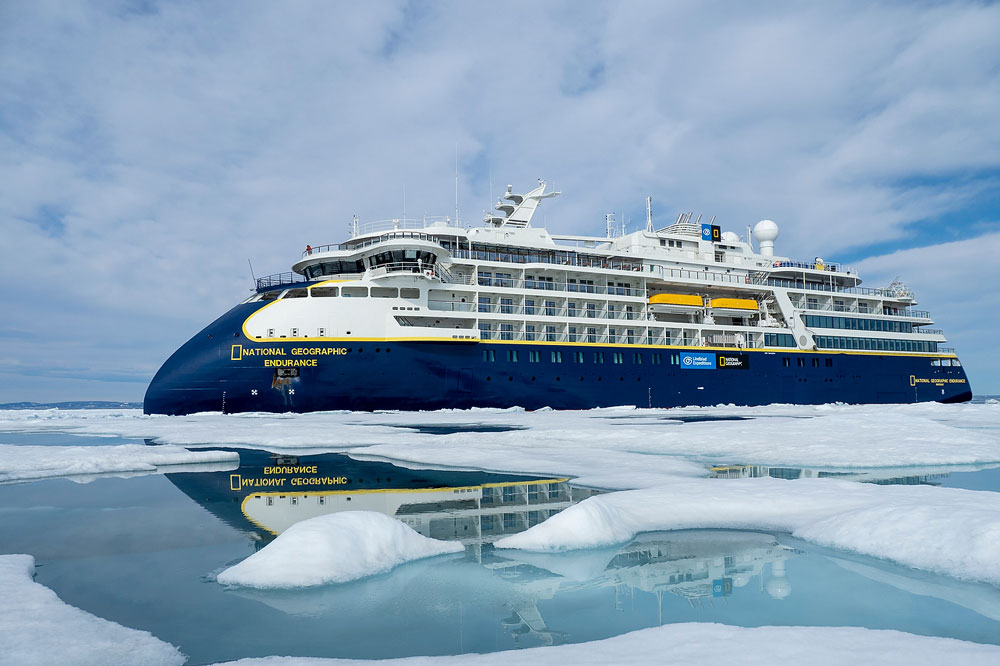 National Geographic Endurance in Arctic Ice The National Geographic Endurance expedition cruise ship navigates through Arctic sea ice, with its