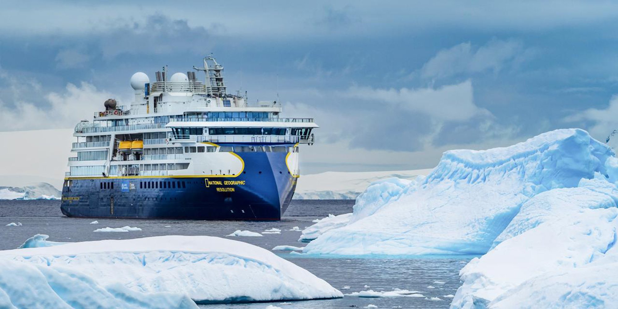 National Geographic Resolution in Antarctic Waters The National Geographic Resolution expedition cruise ship navigates through icy Antarctic waters