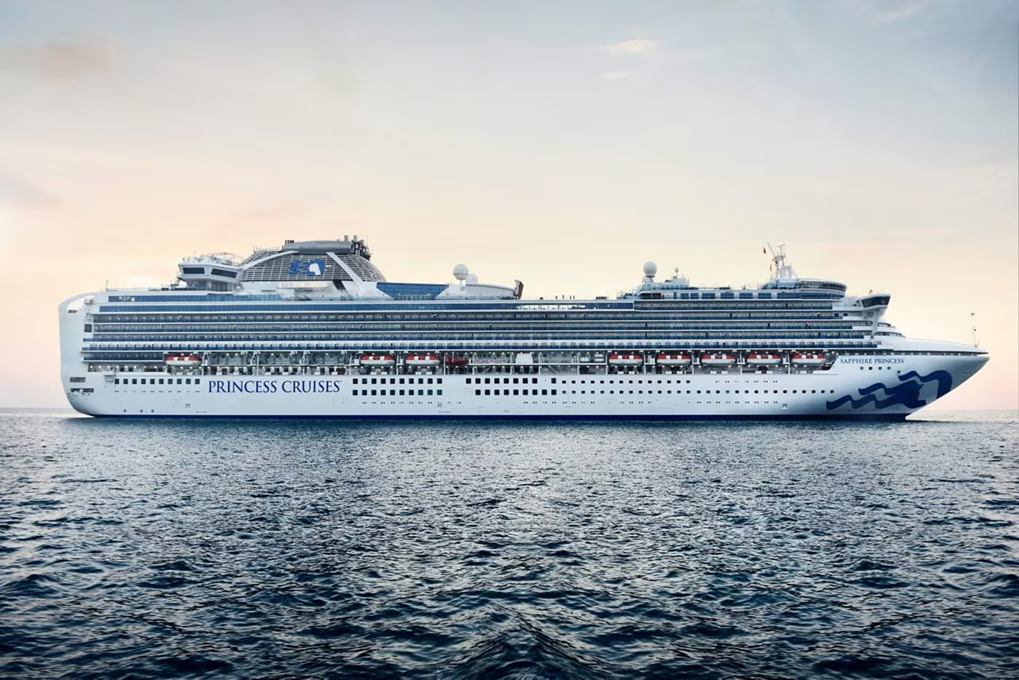 Princess Cruises Ship on Calm Waters A large white and blue Princess Cruises ocean liner sailing on a serene, rippled seascape during