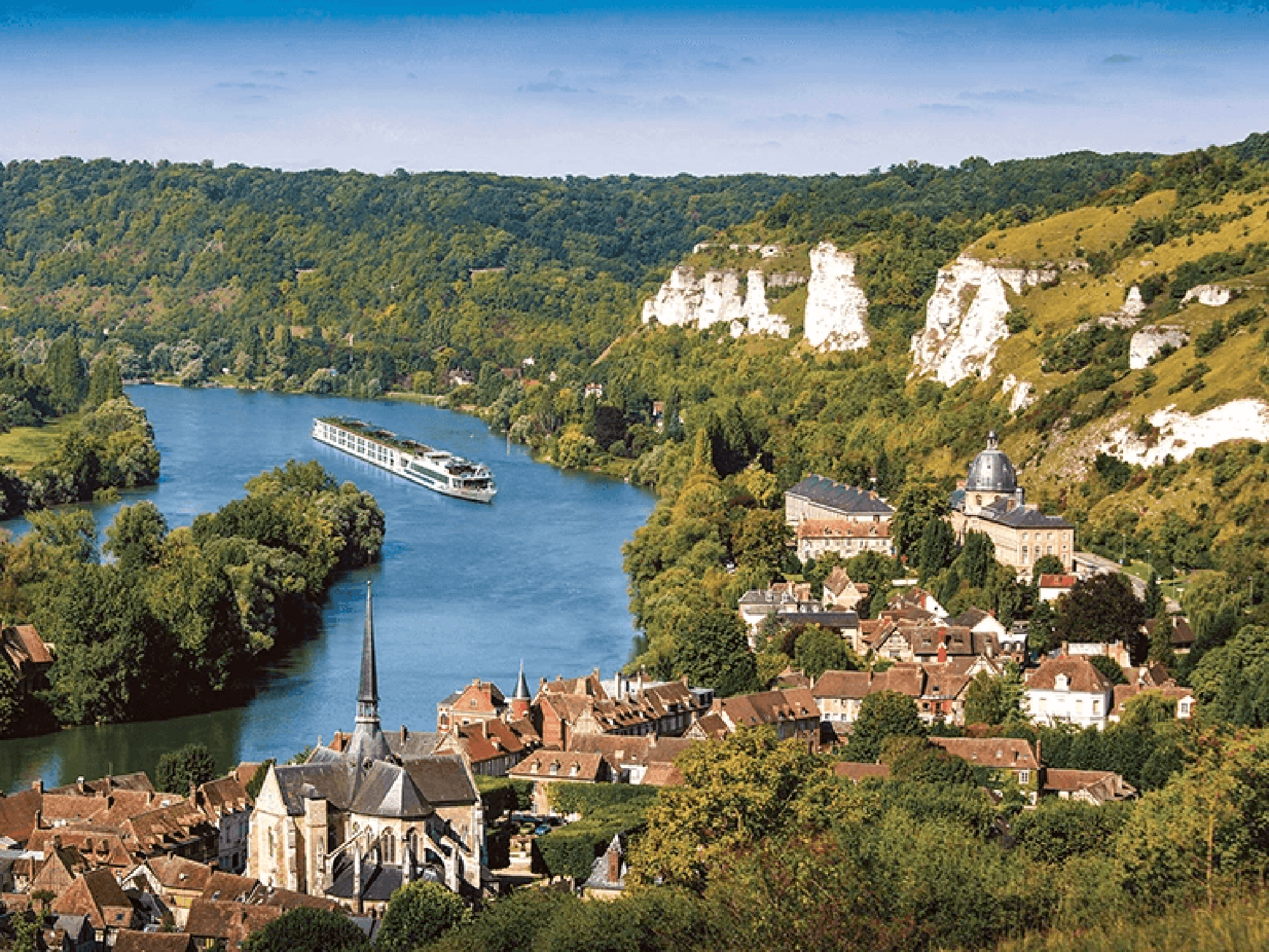 River Cruise Through European Riverside Village A white river cruise ship navigating through a picturesque European river valley, surrounded