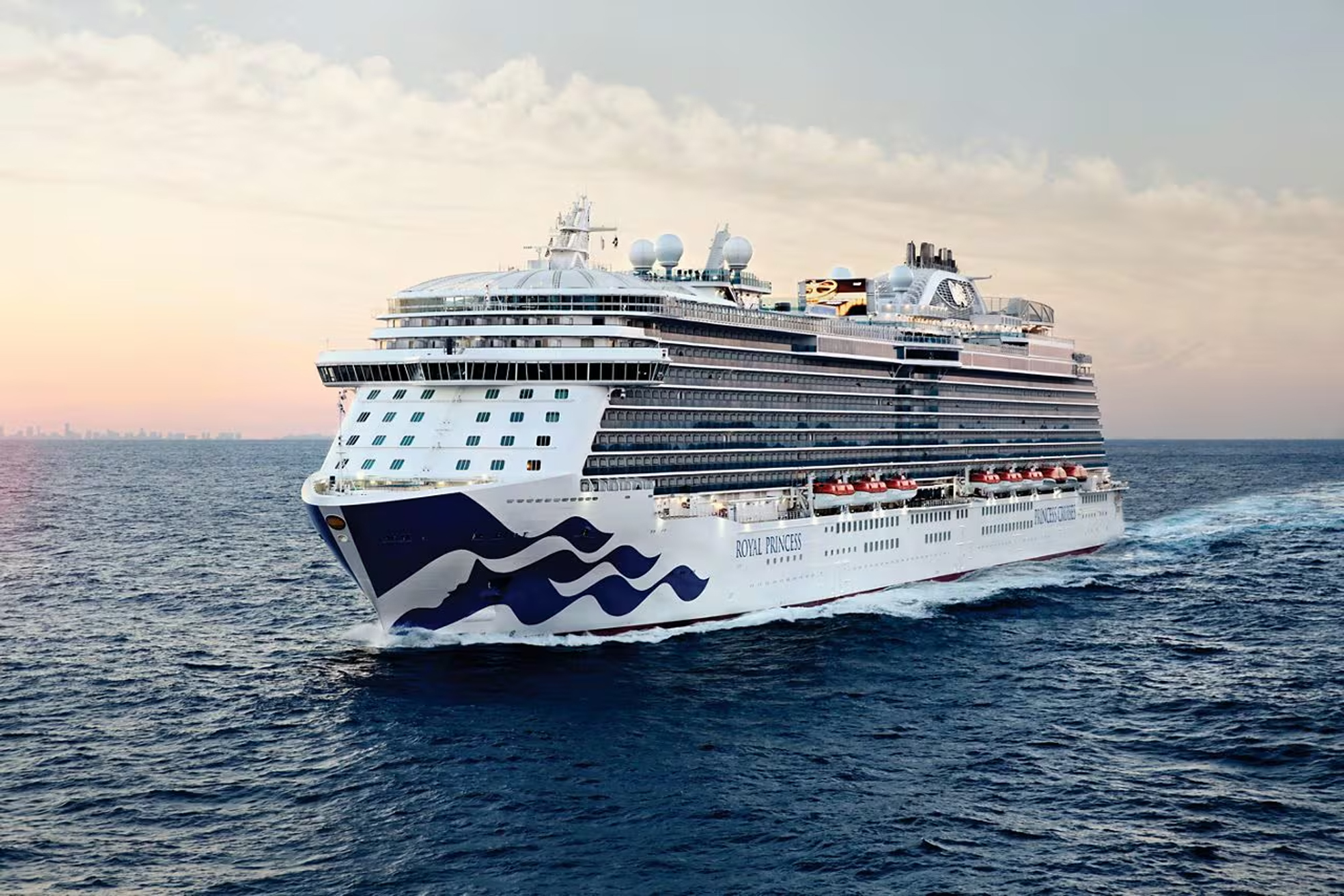 Royal Princess Cruise Ship at Sea A large modern cruise ship from the Royal Princess fleet sailing on open water during