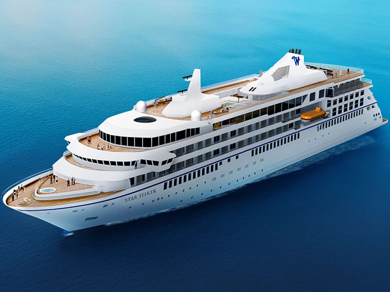 Star Seeker Luxury Cruise Ship at Sea A pristine white luxury cruise ship sailing on a vibrant blue ocean, showcasing multiple deck