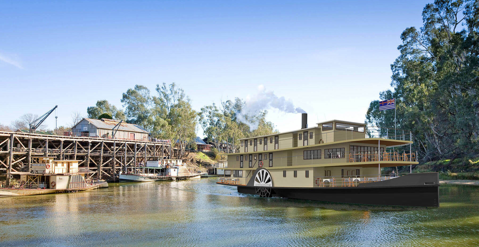 Vintage Paddlewheel Riverboat on Murray River A historic paddlewheel riverboat moored along a scenic river with trees and industrial structures