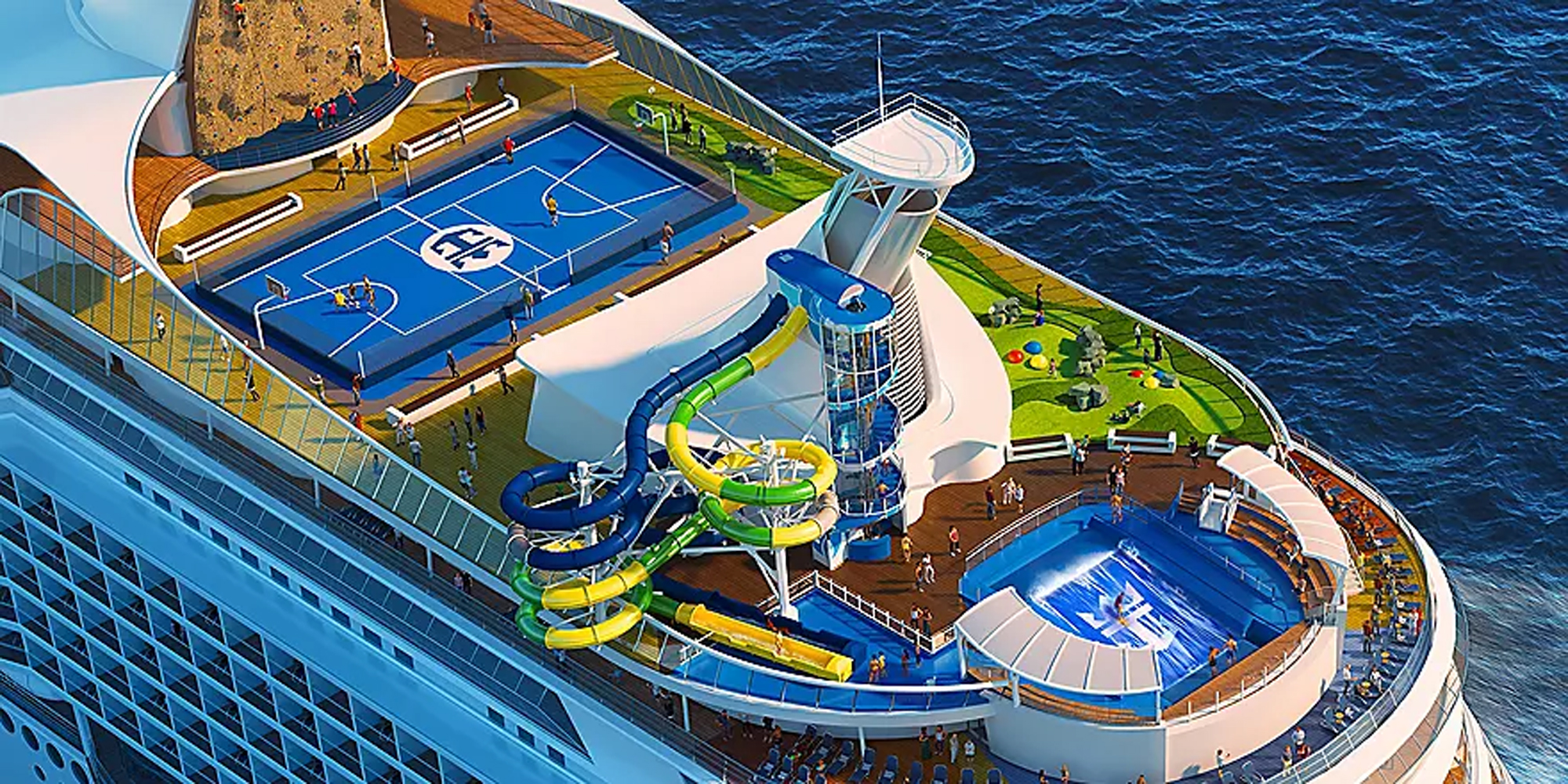 Cruise Ship Aerial Deck Sports and Recreation An aerial view of a modern cruise ship's deck featuring multiple recreational facilities including