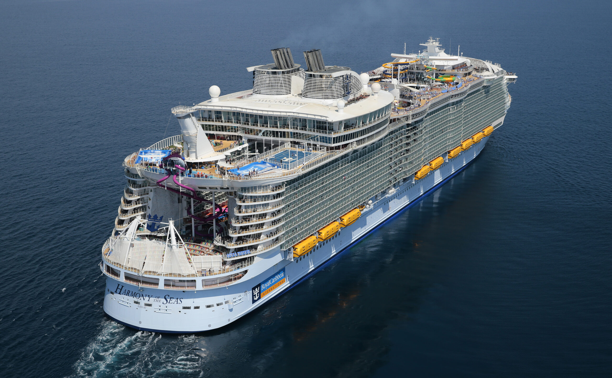 Harmony of the Seas Cruise Ship at Sea An aerial view of the Harmony of the Seas, a massive modern cruise ship, photographed from above
