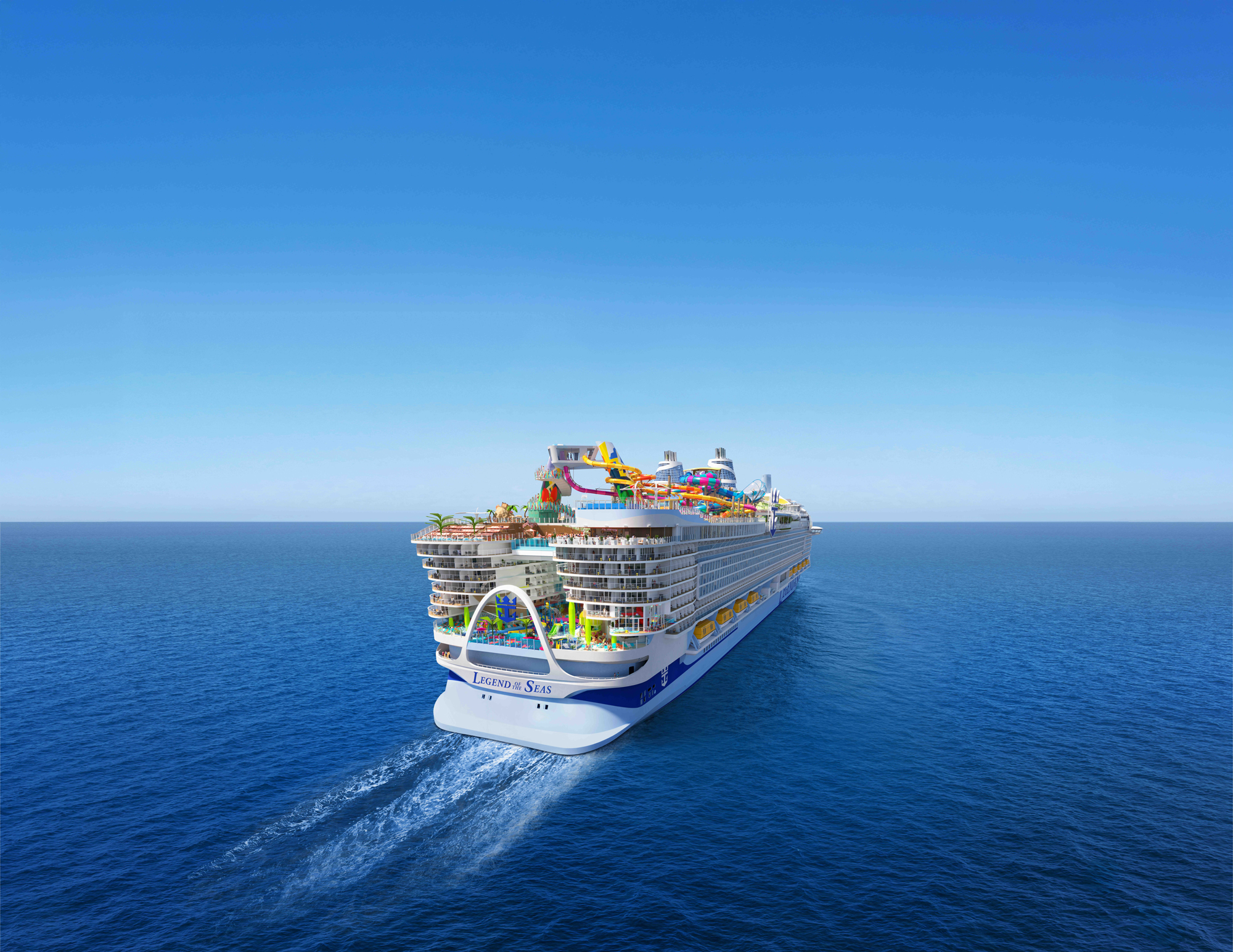 Legend of the Seas Cruise Ship at Sea A large modern cruise ship photographed from an aerial perspective sailing through calm blue ocean