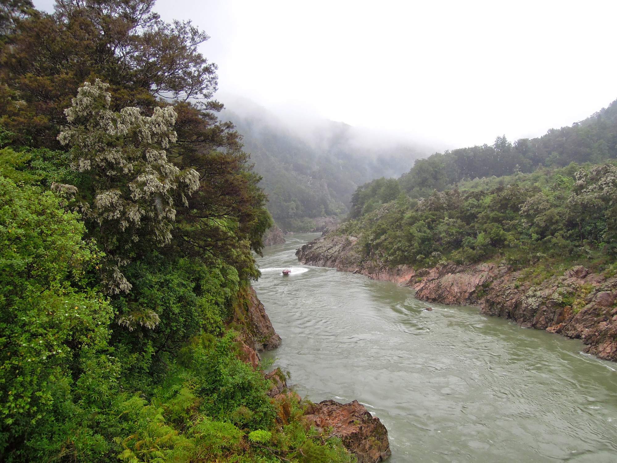 A scenic river valley flows through a forested canyon with steep rocky cliffs on both sides, shrouded in mist and fog. A small boat navigates the murky green waters while dense vegetation clings to the cliff faces, creating a dramatic and atmospheric landscape.