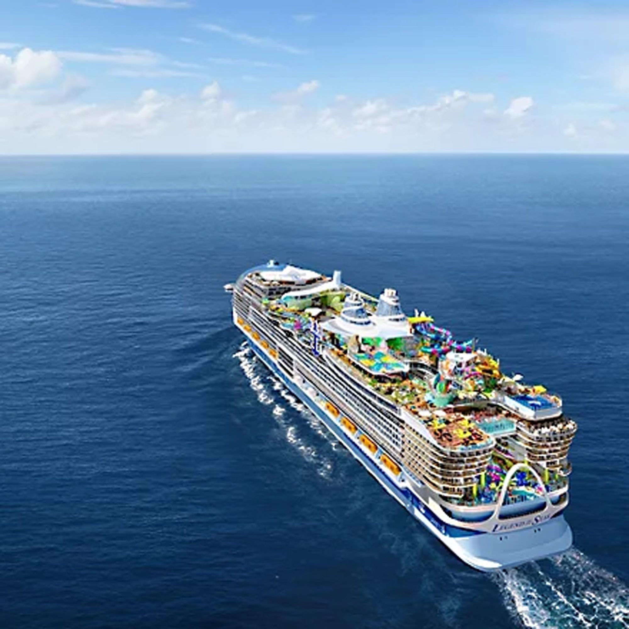 Modern Cruise Ship Aerial View at Sea An aerial photograph of a large modern cruise ship sailing through calm blue ocean waters