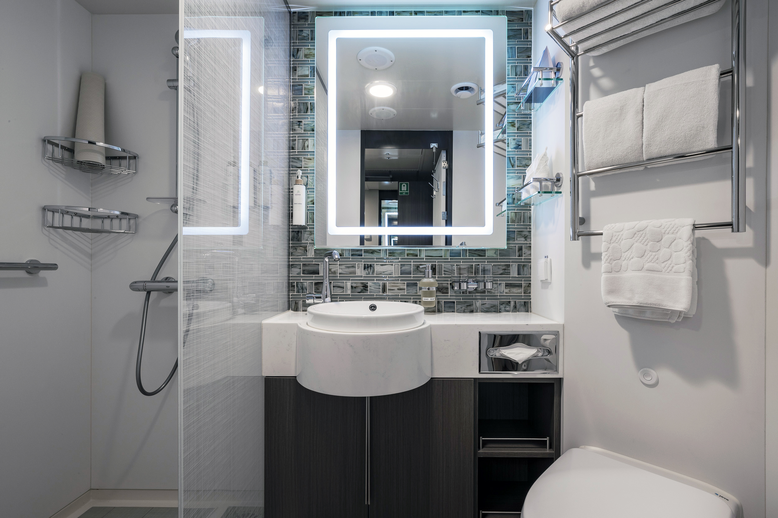 Modern Cruise Ship Bathroom with LED Mirror A contemporary cruise ship stateroom bathroom featuring a curved white sink vanity with