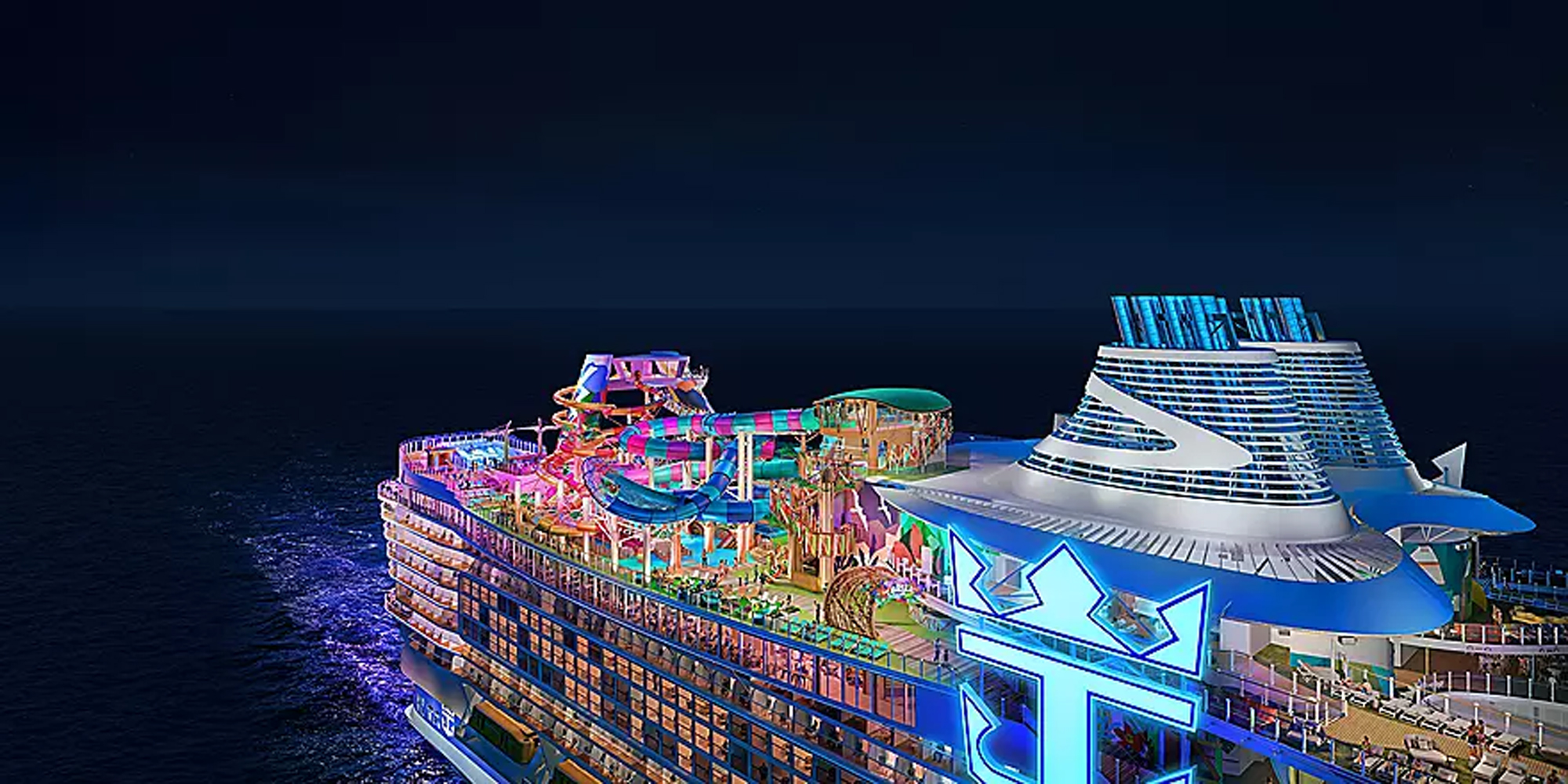 Modern Cruise Ship Illuminated at Night A stunning nighttime aerial rendering of a large modern cruise ship brilliantly illuminated against