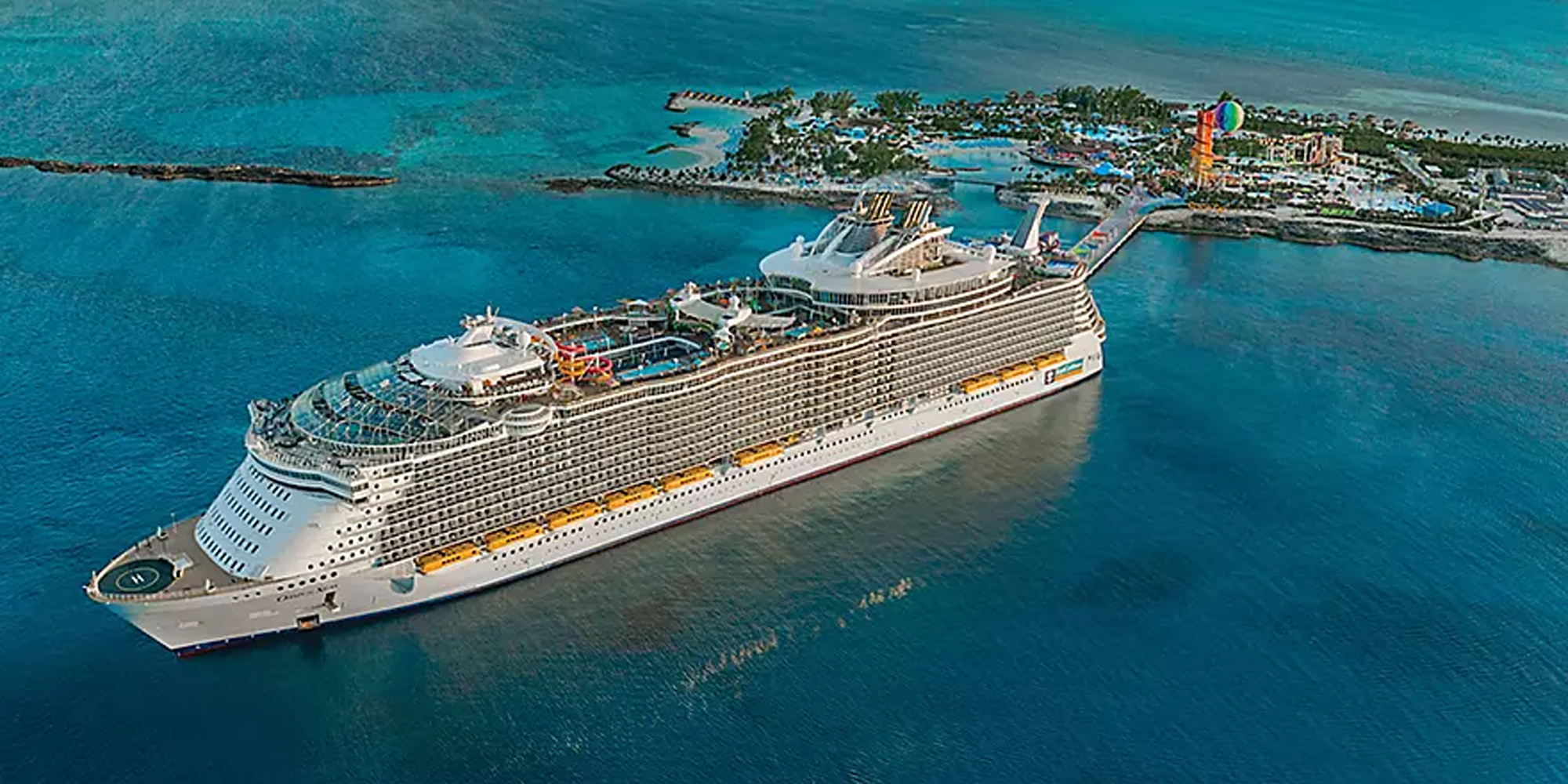 Oasis of the Seas at Perfect Day CocoCay An aerial view of the Oasis of the Seas cruise ship anchored in the turquoise waters off Perfect