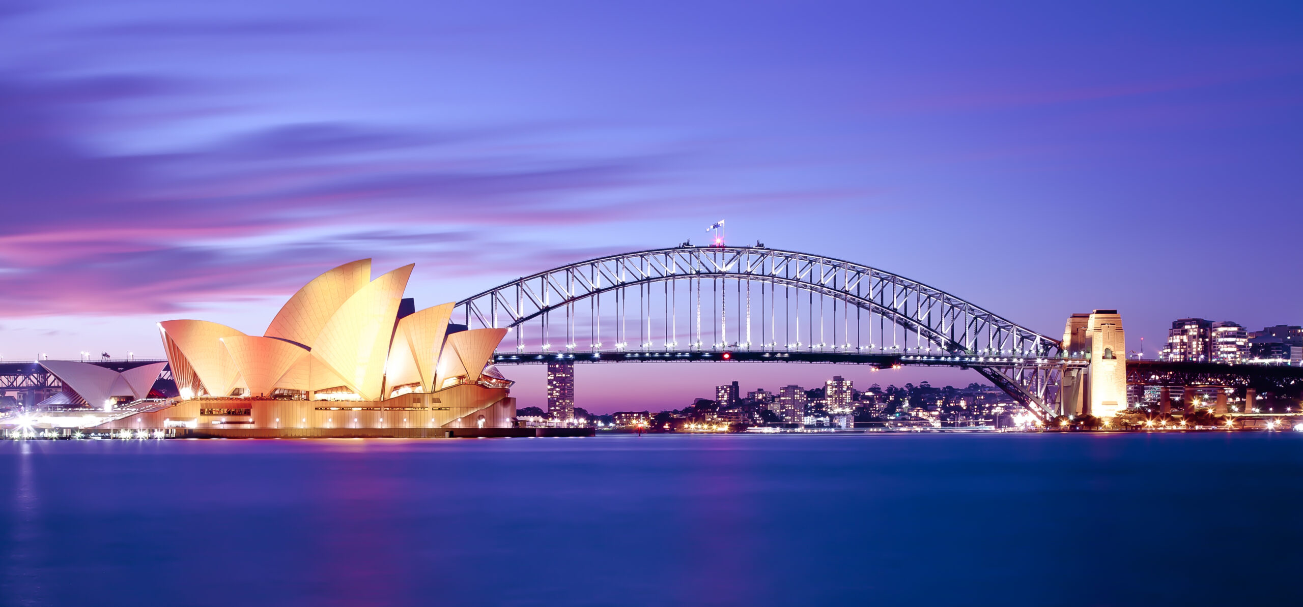 Sydney Opera House and Harbour Bridge at Twilight An iconic twilight photograph of Sydney's most famous landmarks, featuring the illuminated Sydney