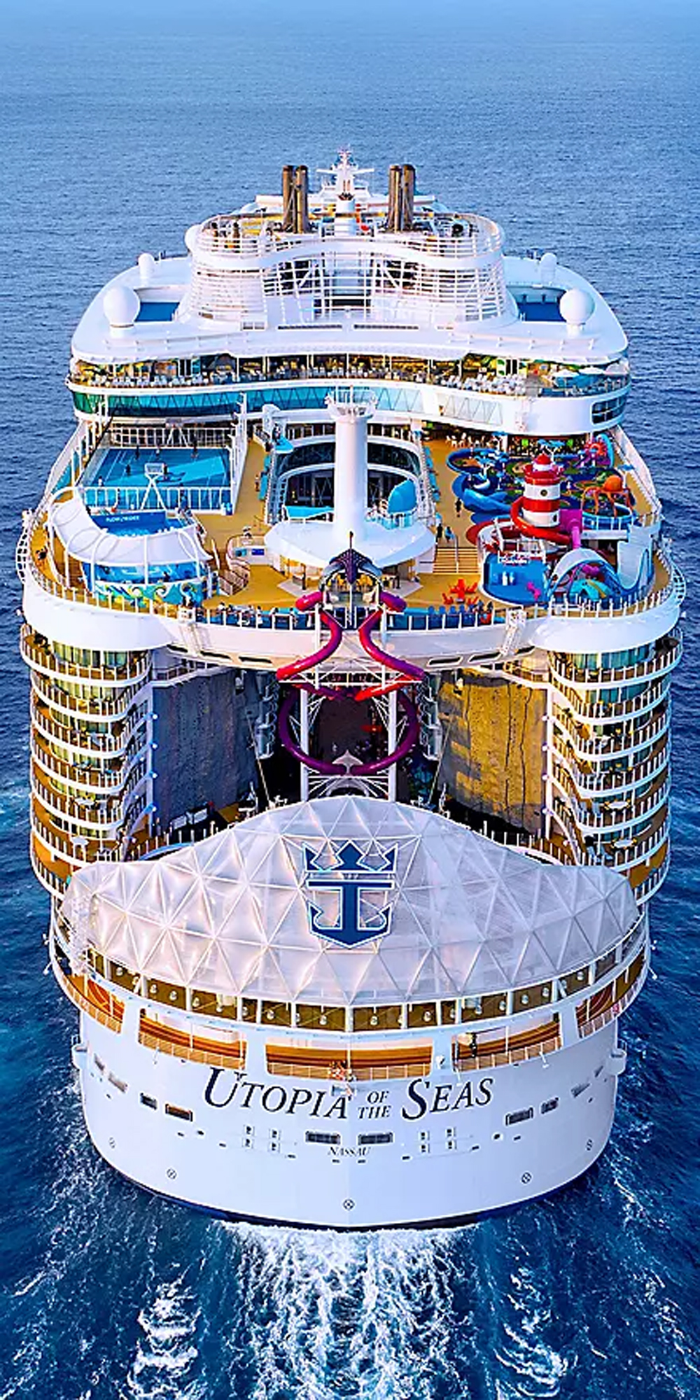 Utopia of the Seas Aerial Aft View An overhead aerial photograph of the Utopia of the Seas cruise ship taken from directly above