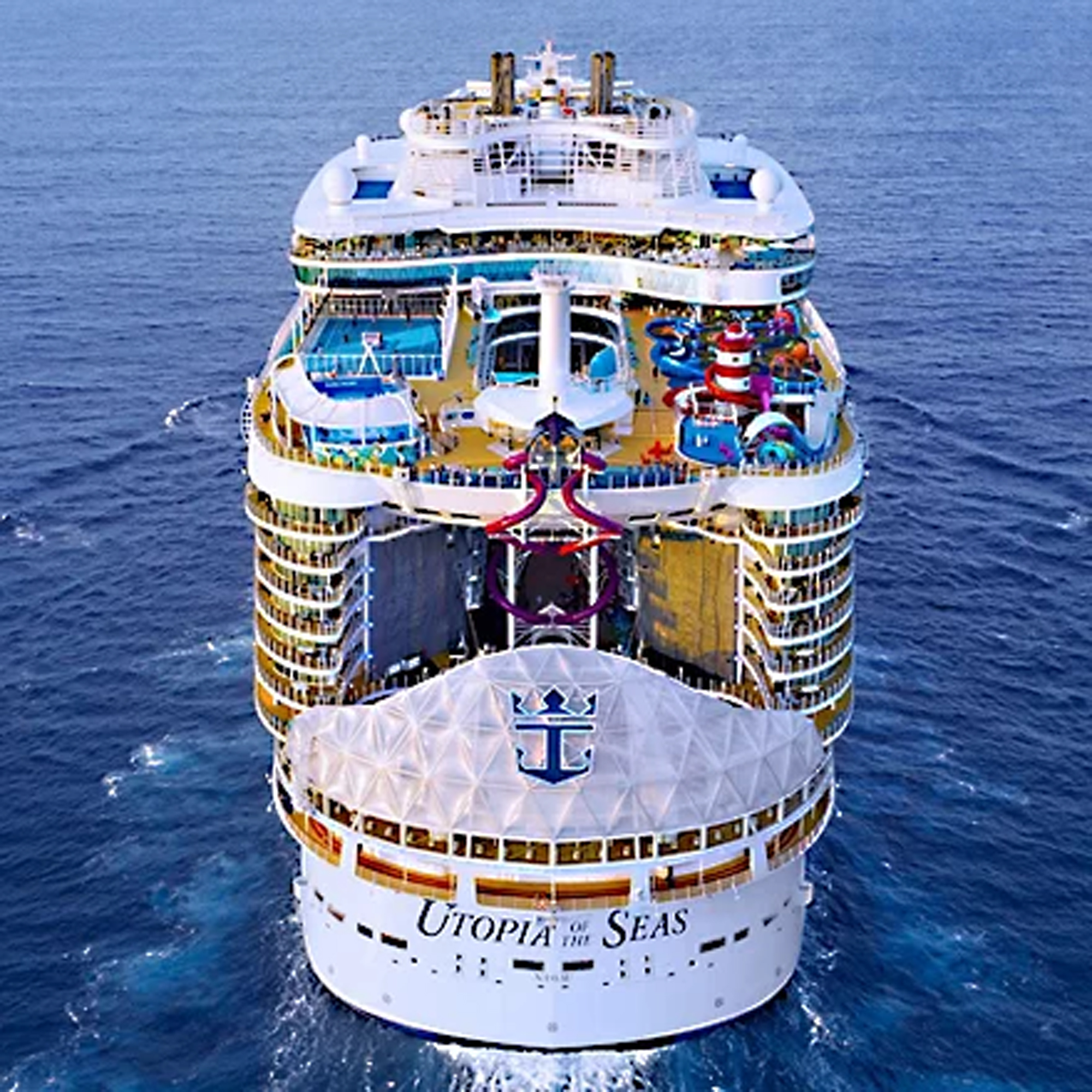 Utopia of the Seas Aerial Stern View An overhead aerial photograph of the Utopia of the Seas cruise ship taken from the stern