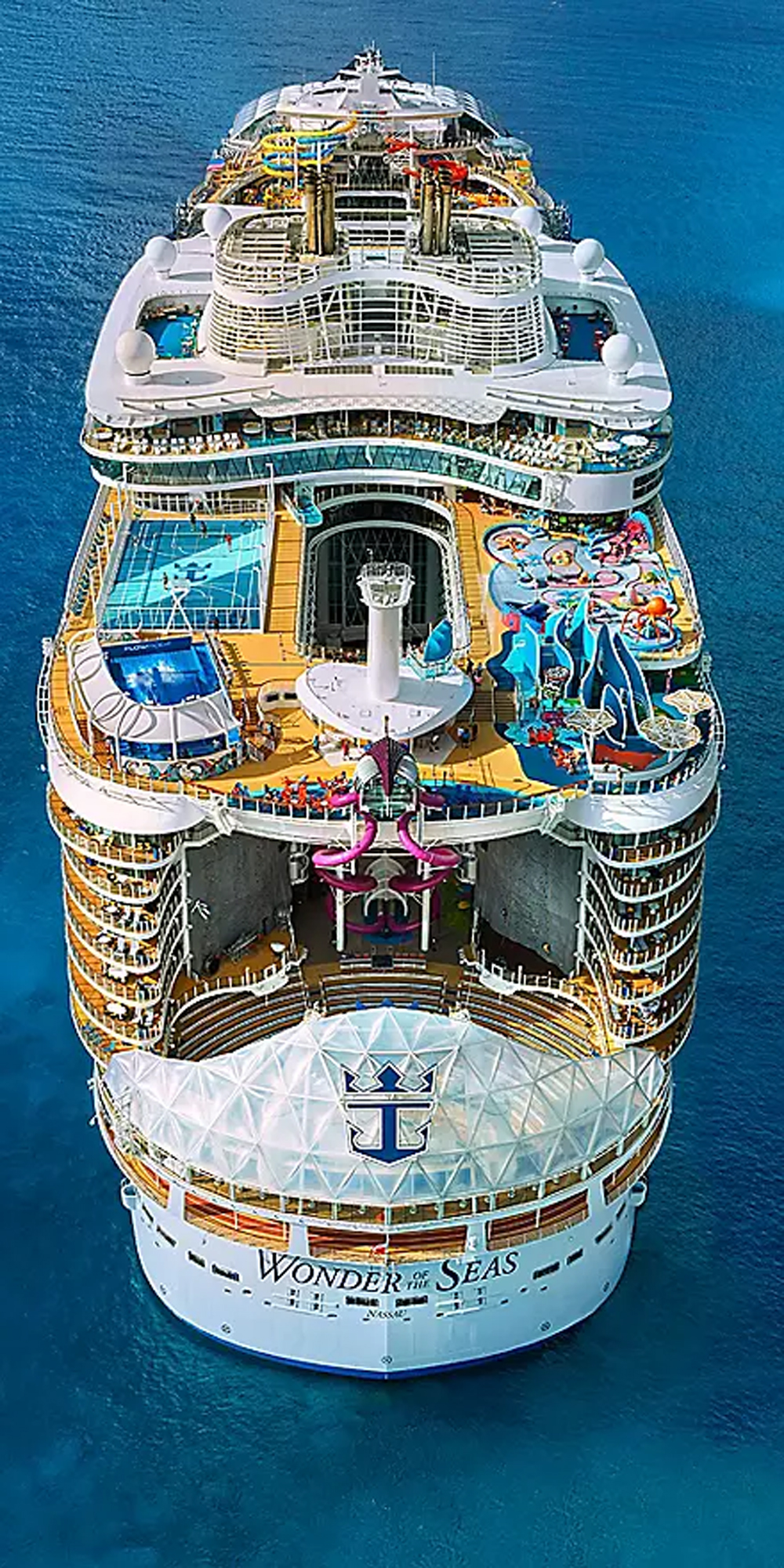 Wonder of the Seas Aerial Deck View An overhead aerial photograph of the cruise ship Wonder of the Seas, displaying multiple passenger