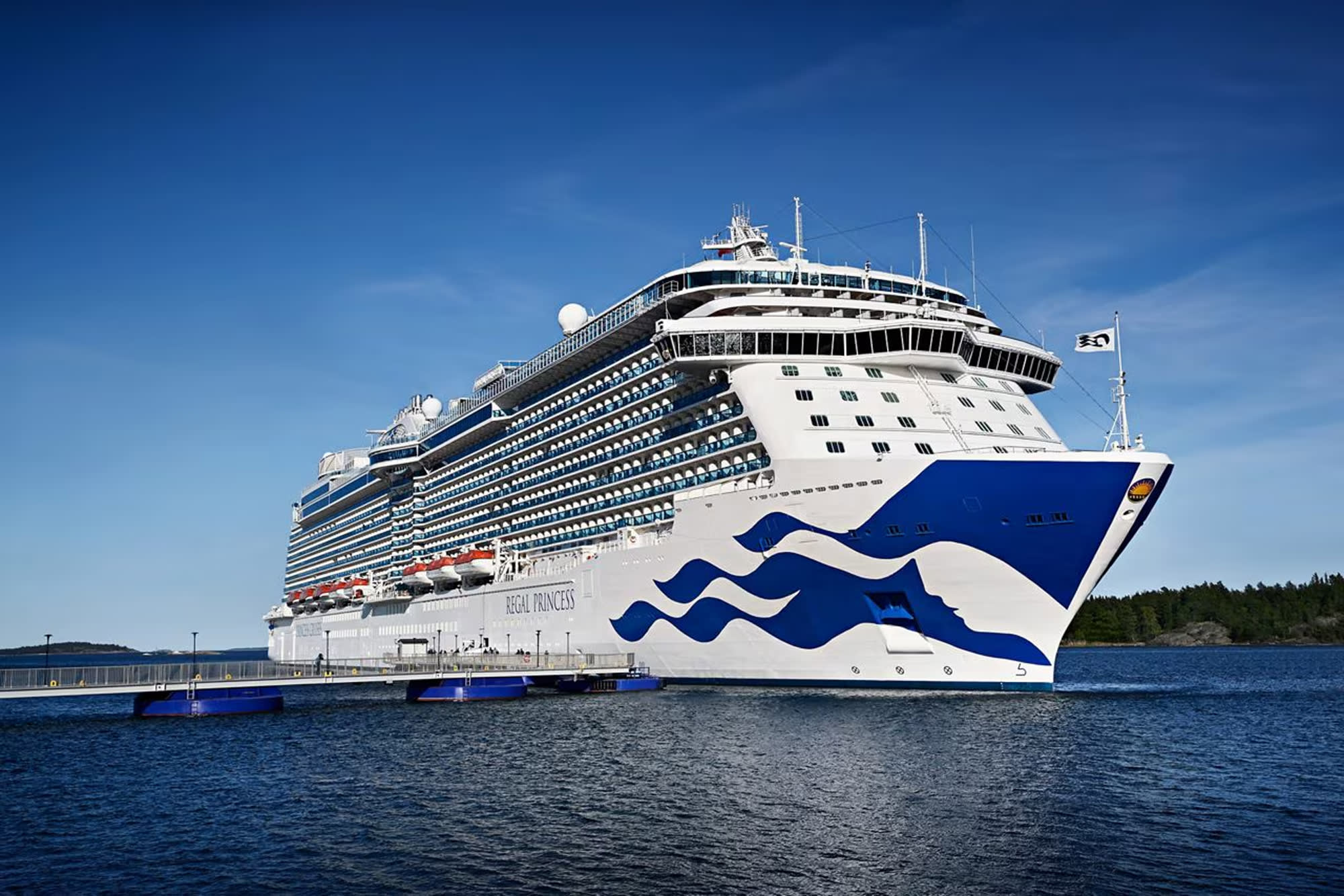 Regal Princess cruise ship docked at pier with blue wave logo on hull