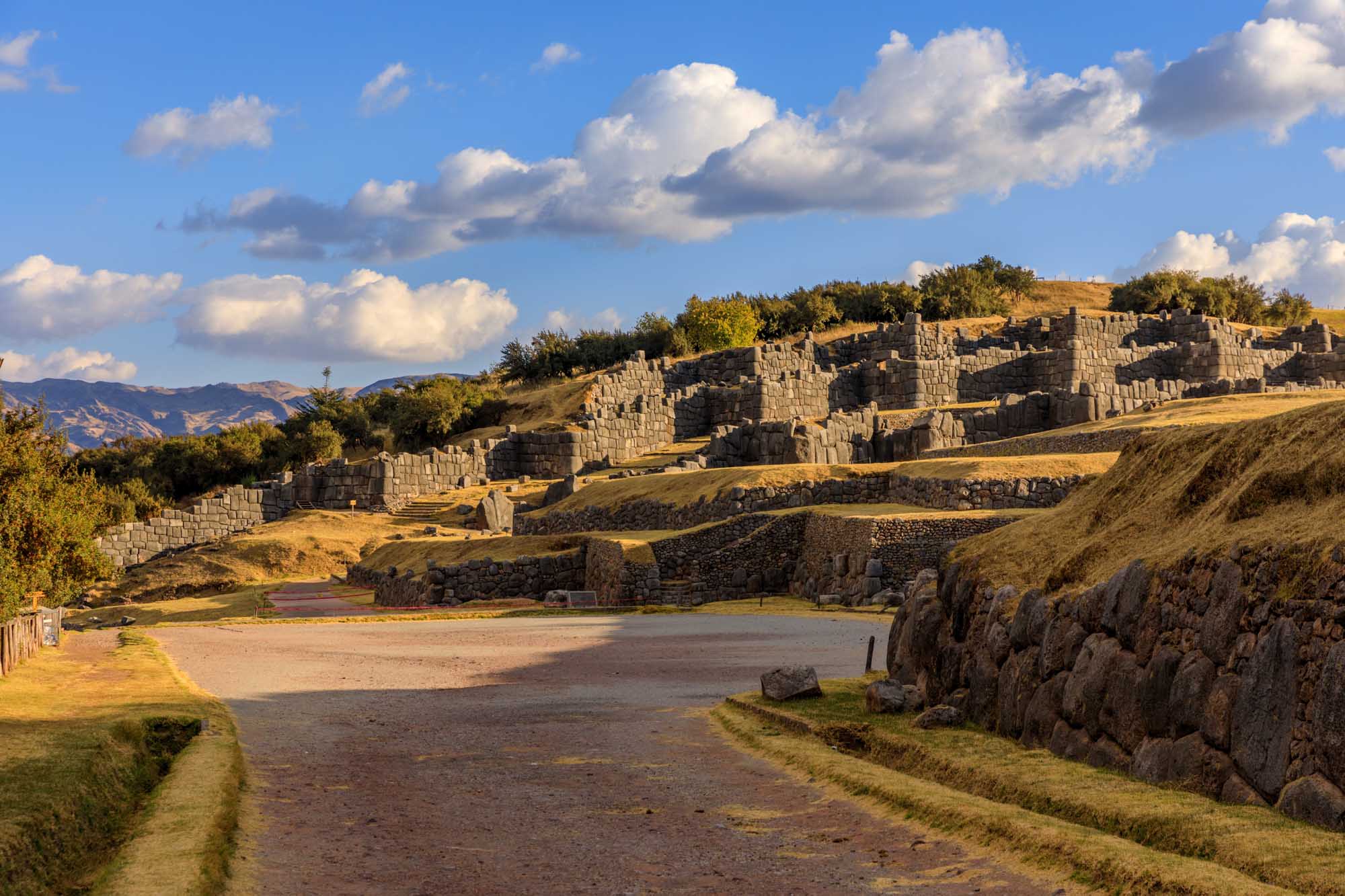 Ancient Stone Ruins of Sacsayhuamán, Peru Expansive ancient Incan stone fortress ruins of Sacsayhuamán overlooking Cusco, Peru, featuring
