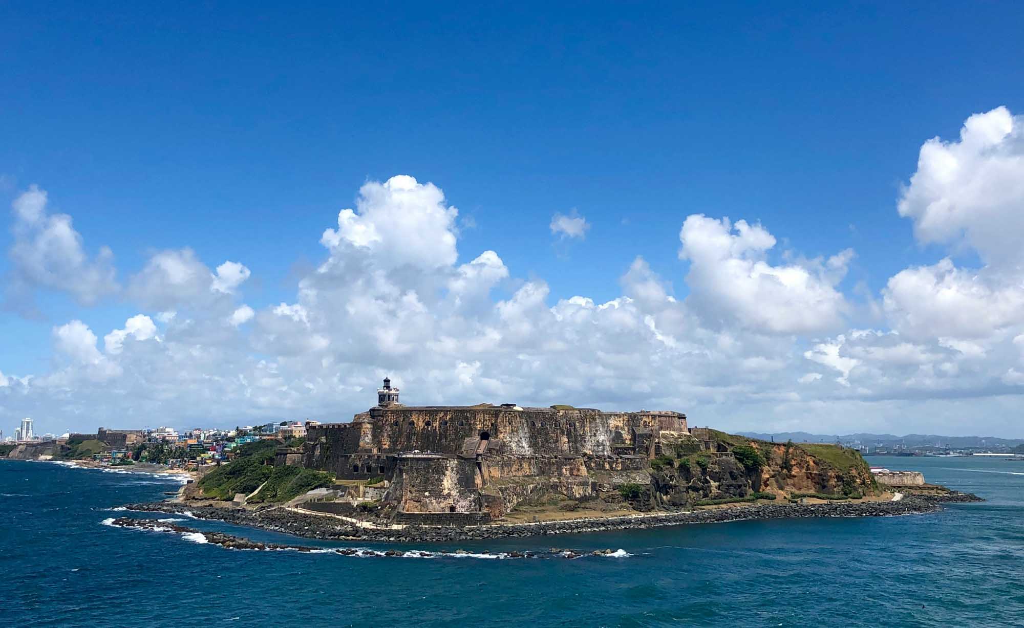 El Morro Fortress in San Juan, Puerto Rico A dramatic aerial view of the iconic El Morro (Fort San Felipe del Morro) fortress situated on