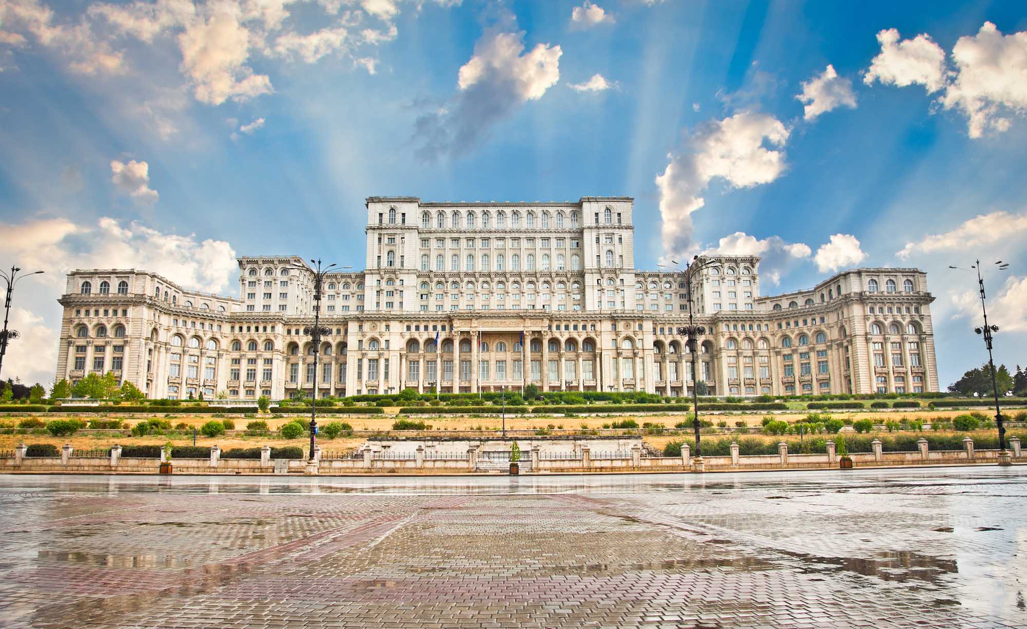 Palace of the Parliament Bucharest Romania A grand neoclassical government building located on the Danube riverbank in Bucharest, Romania