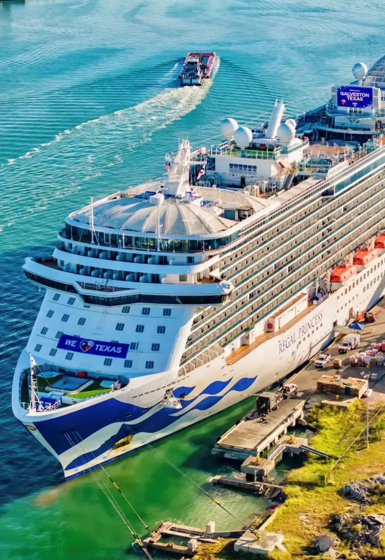 An aerial view of the Regal Princess, a large cruise ship operated by Princess Cruises, docked