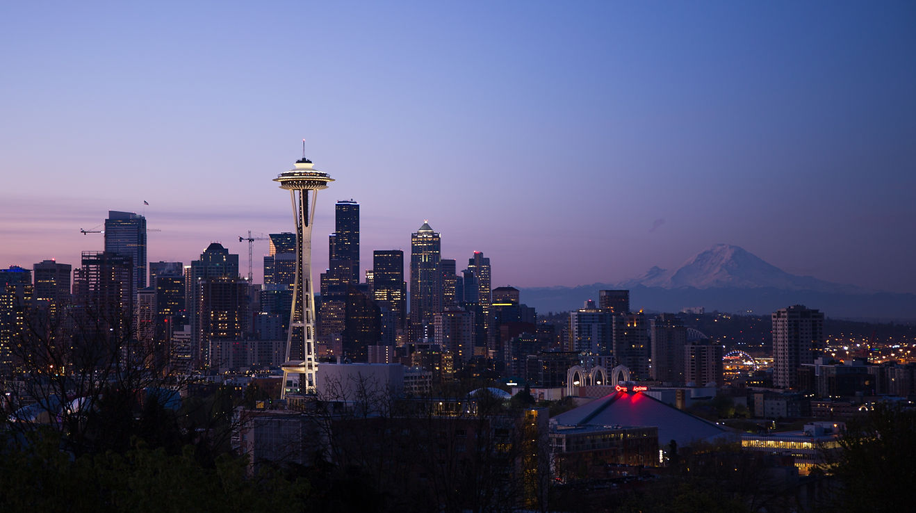 Seattle Skyline at Twilight with Mount Rainier Image by Zhifei Zhou