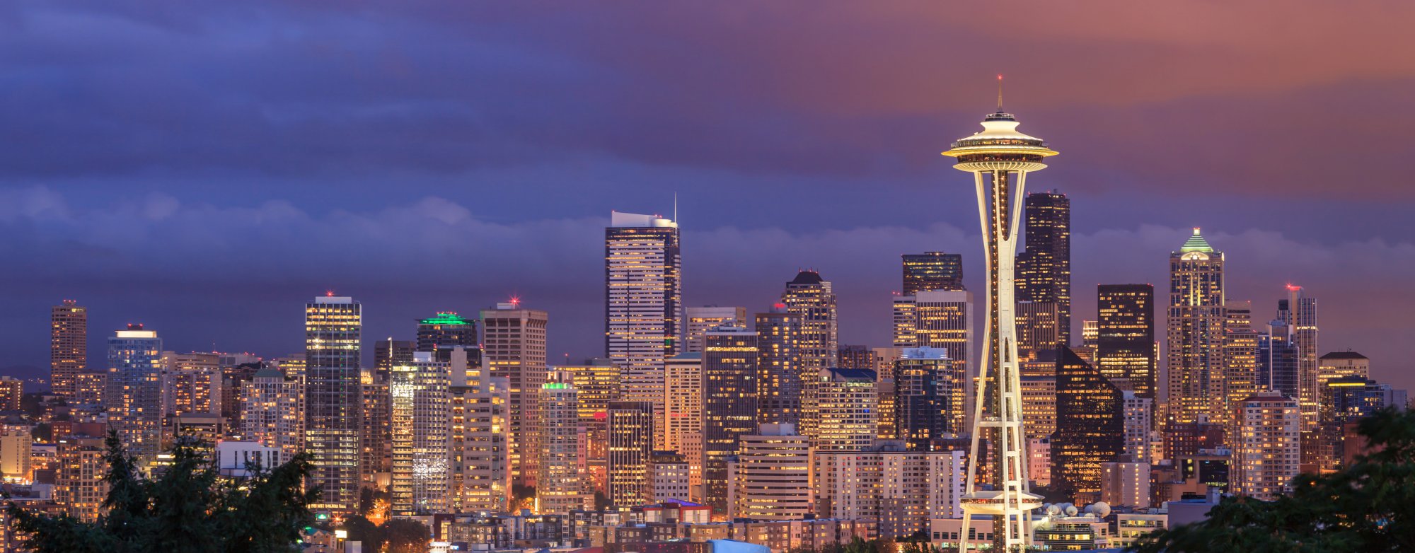 Seattle Skyline at Twilight with Space Needle A stunning twilight cityscape of Seattle, Washington featuring the iconic Space Needle illuminated
