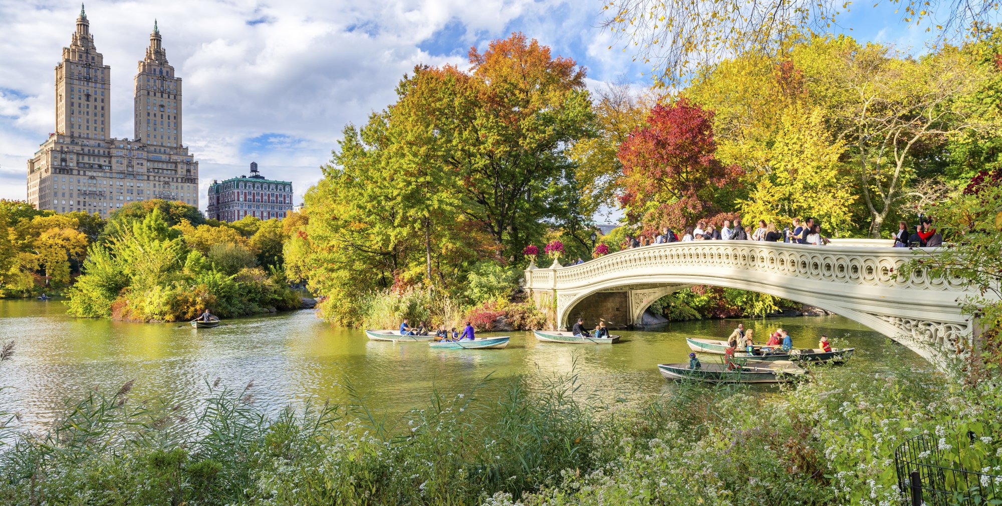 Central Park Bridge in Autumn, New York City A scenic autumn view of Bow Bridge spanning a serene lake in Central Park, with vibrant fall
