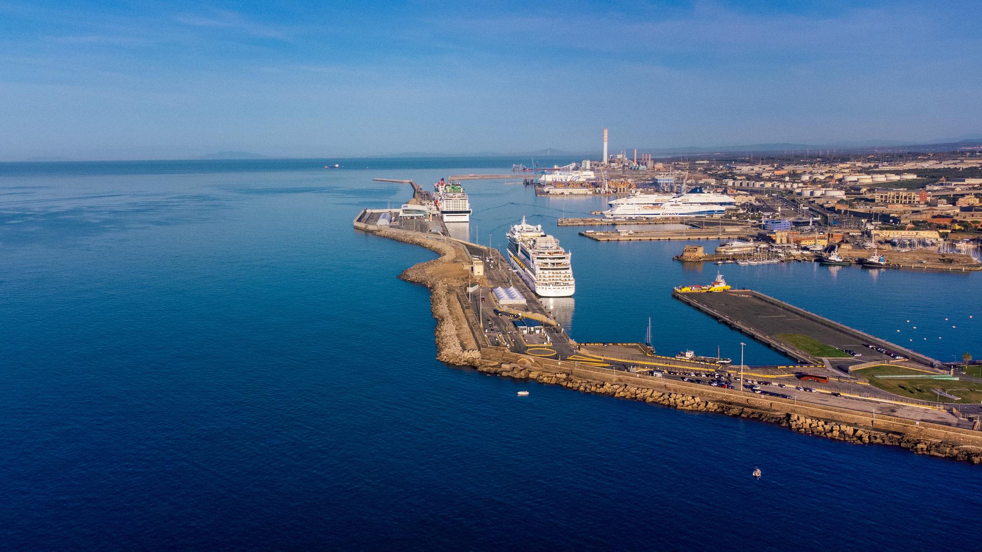 Civitavecchia Port Panoramic Aerial View An expansive aerial view of Civitavecchia port in Italy, showcasing multiple large cruise ships