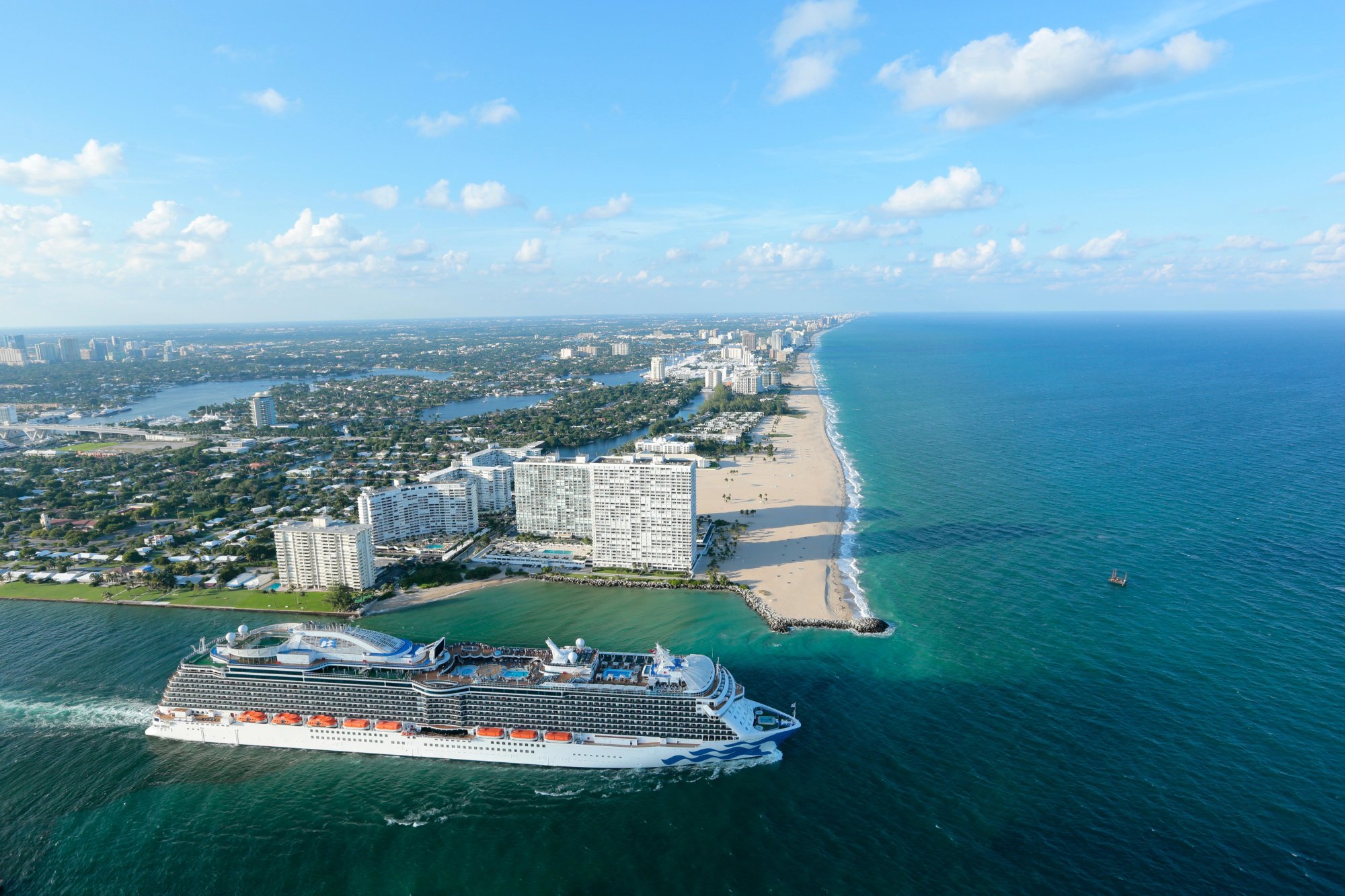 Royal Princess Cruise Ship at Fort Lauderdale Aerial View An aerial photograph of the Royal Princess cruise ship docked off the coast of Fort Lauderdale