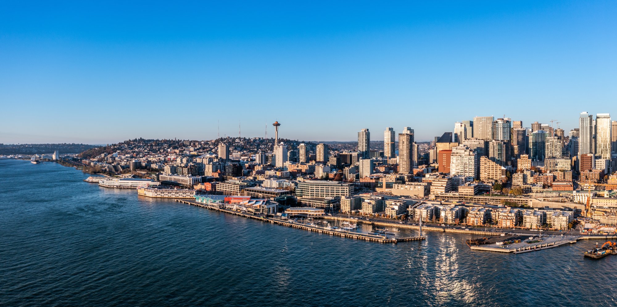 Seattle Downtown Waterfront Aerial View An aerial photograph of Seattle's downtown skyline and waterfront, featuring the iconic Space
