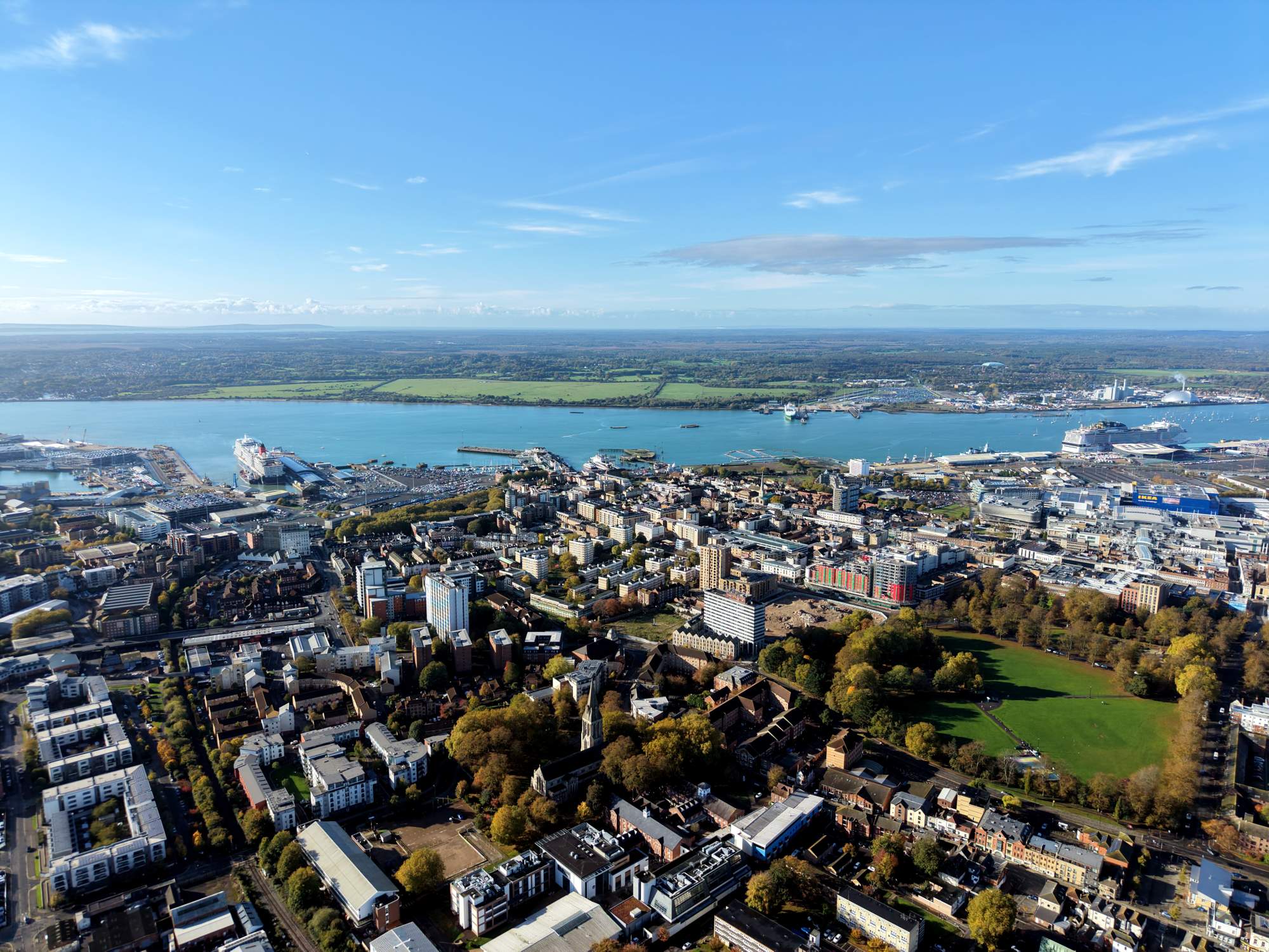 Southampton Aerial View with Port and Harbor An aerial photograph of Southampton, England, showing the bustling port city with its cruise