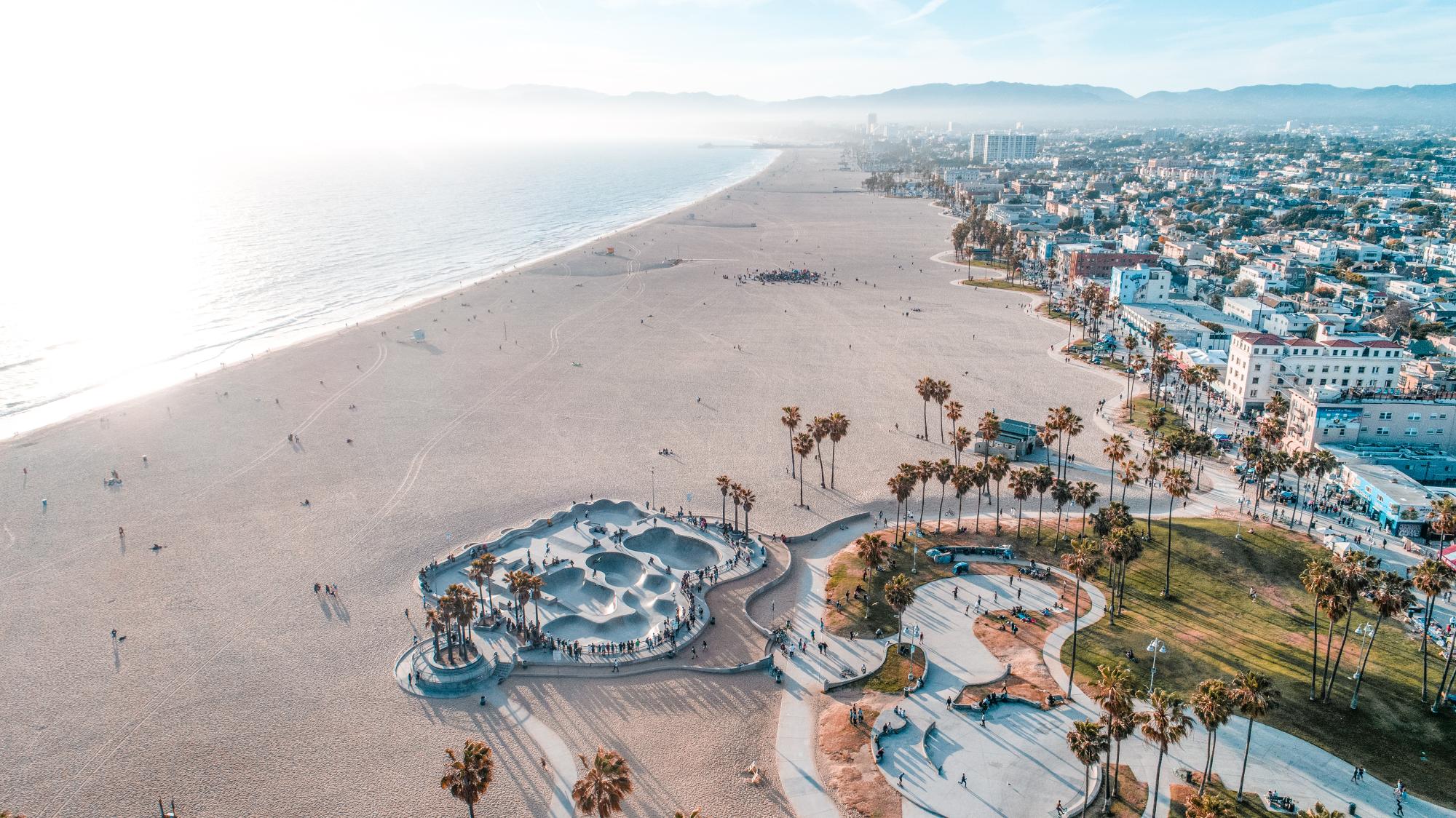 An aerial perspective of Venice Beach in Los Angeles, California, showcasing the iconic sandy